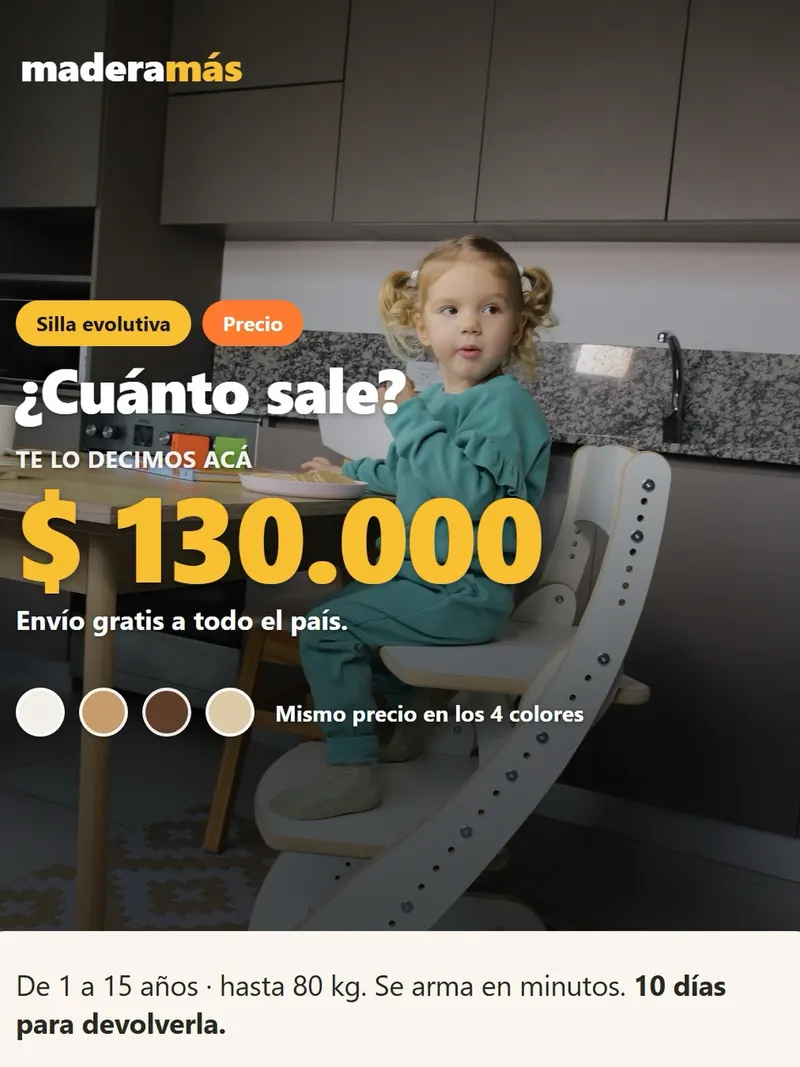 Nena sentada en su silla evolutiva, con el precio y los colores disponibles