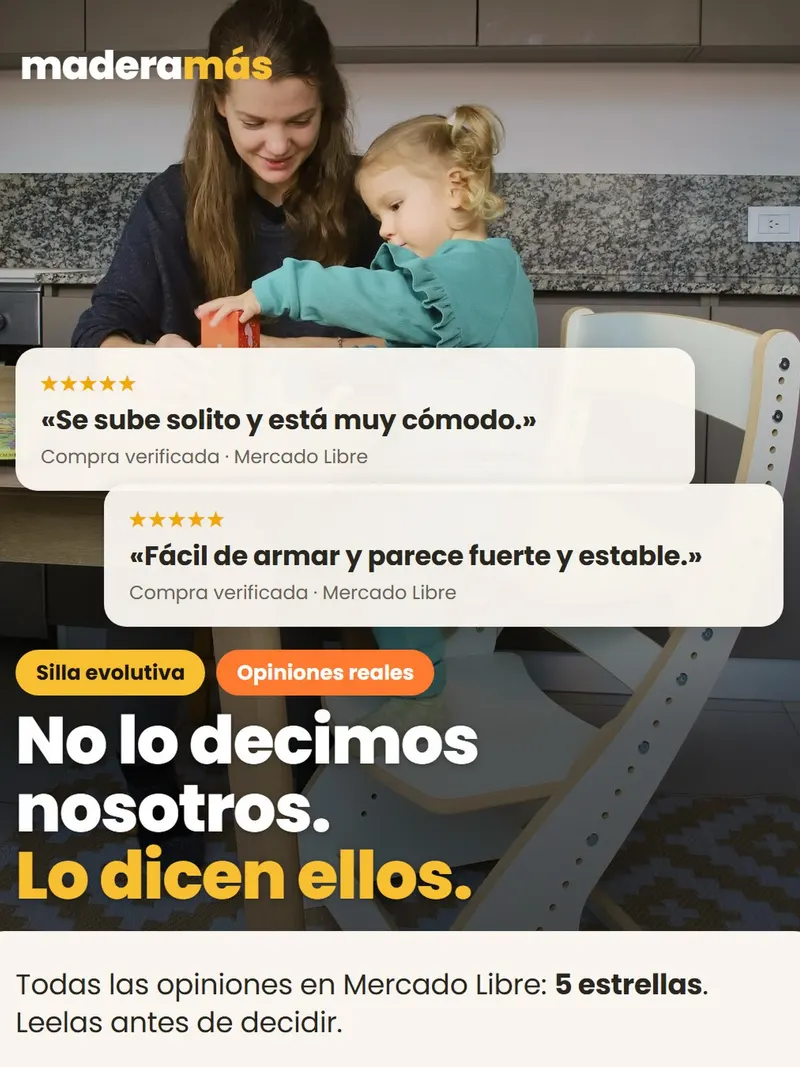 Mamá e hija junto a la silla evolutiva, con opiniones de clientes de Mercado Libre